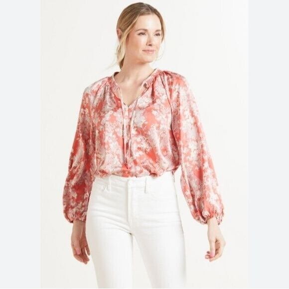 Evereve Smocked Neck Statement Blouse Size XS Kiera Coral Floral Artsy Flowy - Picture 4 of 10